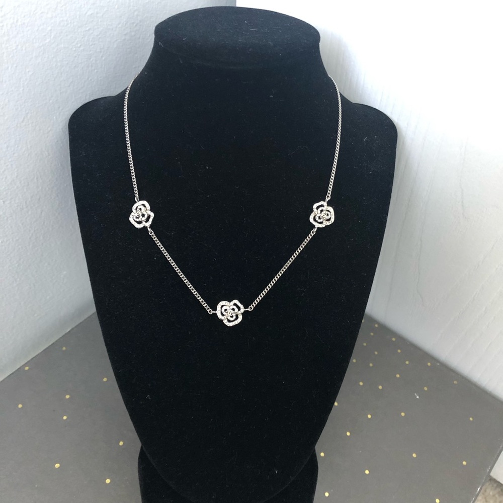 Chanel triple Camille flowers on top double cc diamond rhinestone necklace